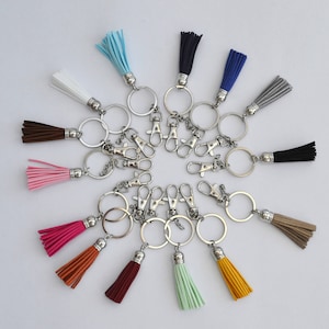 May include: A collection of 14 keychains with colourful tassels and silver key rings. The tassels are made of different colours, including blue, pink, brown, white, and yellow.