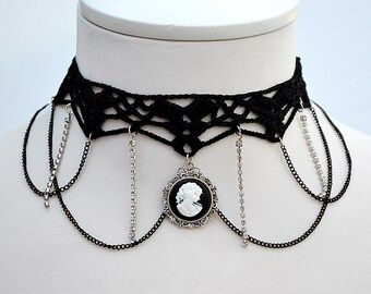 Black necklace choker with cameo pendant, Black necklace for women, Choker necklace Black, Black statement necklace, Cotton Choker, Gothic