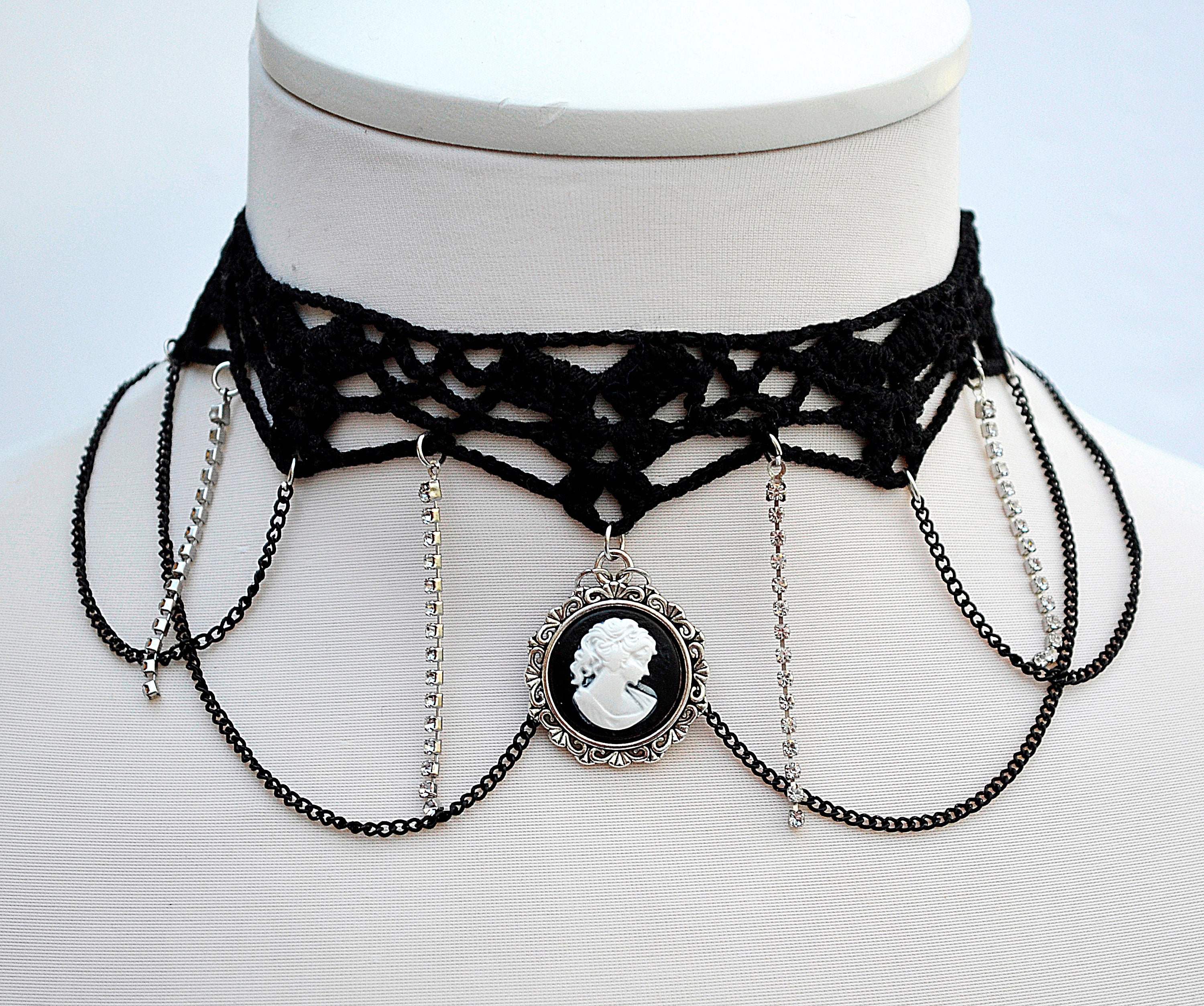 Black Necklace Choker With Cameo Pendant, Black Necklace for Women ...