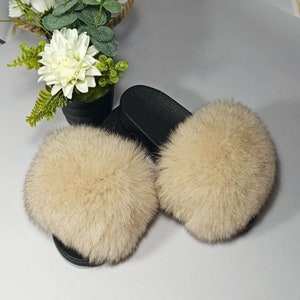 BY ORDER Beige Real Fox Fur Slides Women Girl Leather Beach Large Finnish Fox Fur Sandals Summer Slippers Fashion Fluffy Shoes Flip Flop