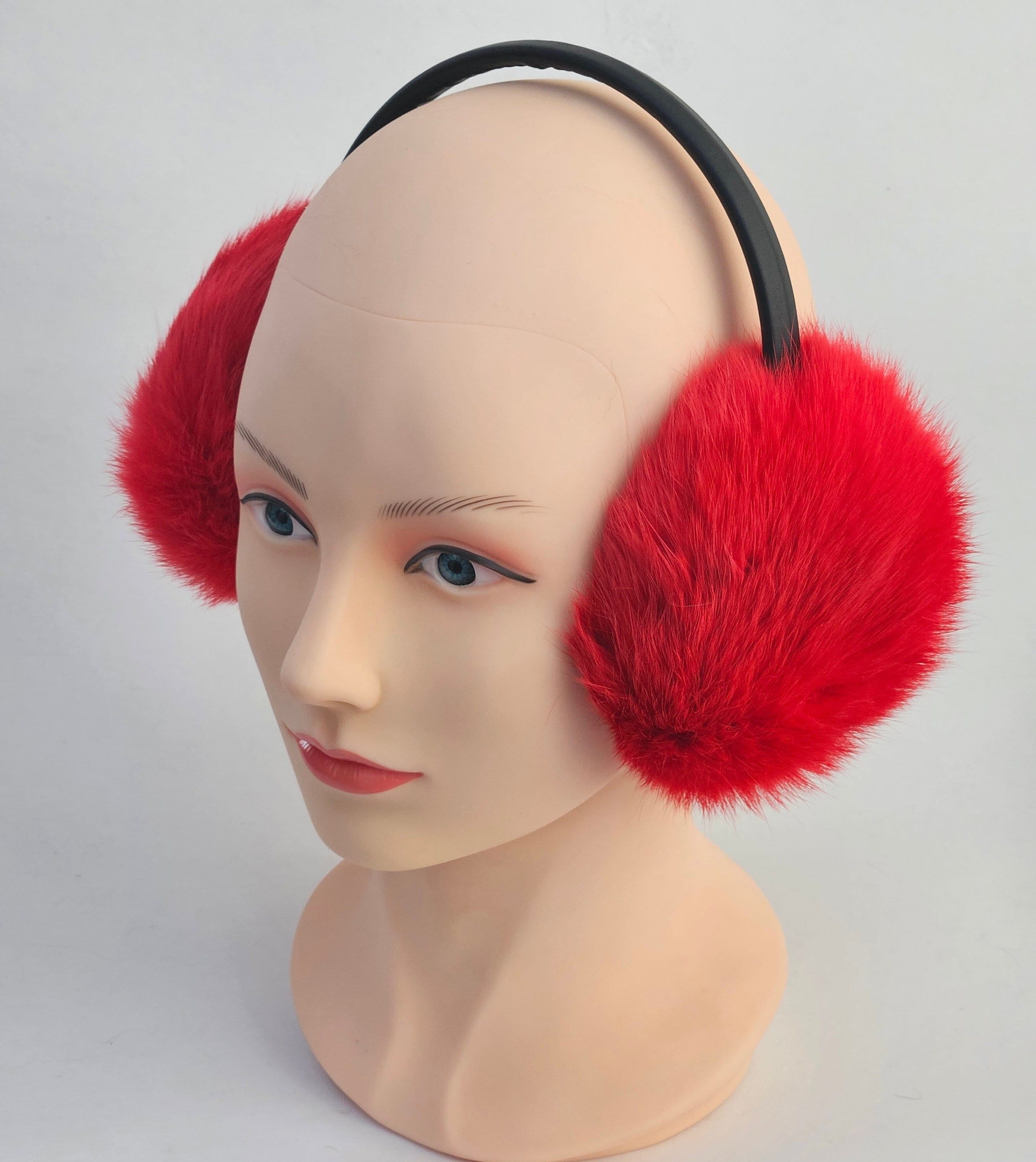 Red Fur Earmuffs, Real Fur Ear Warmer, Girls Earmuffs, Large 