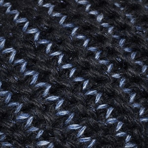 May include: Close-up of a dark blue knitted fabric with a subtle shimmer. The fabric has a textured pattern with a diagonal stitch.