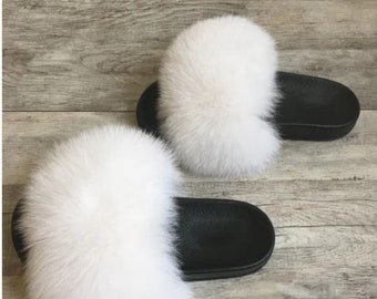 READY to SHIP size 10 White Real Fox Fur Slides Women Girl Leather Beach Large Finnish Fox Fur Sandals Summer Slippers Fashion Fluffy Shoes