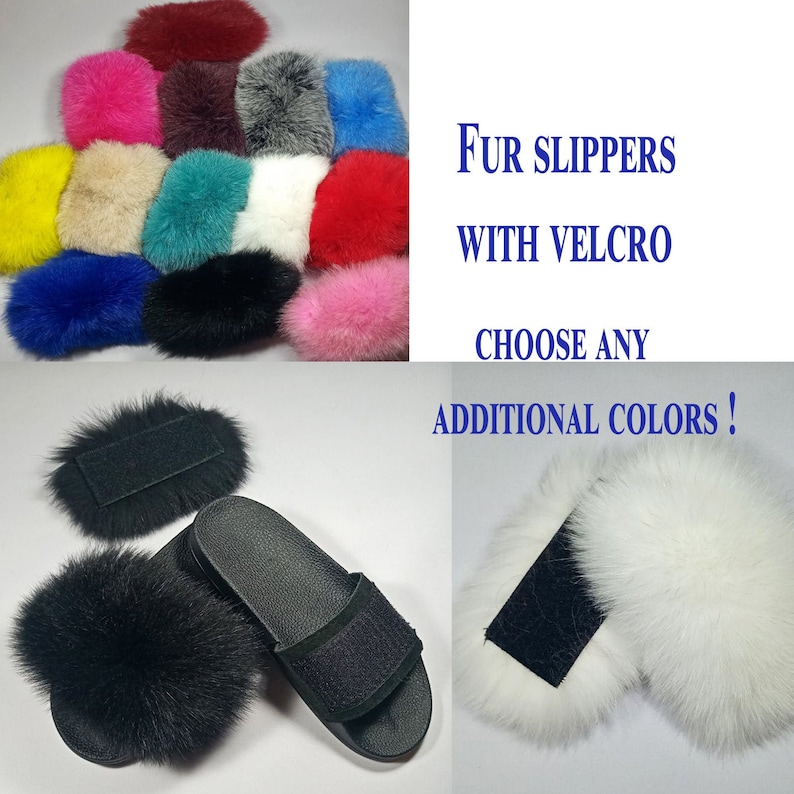 May include: Fur slippers with velcro straps. Choose any additional colors. The image shows a pair of black fur slippers with black velcro straps and a variety of fur pom poms in different colors.