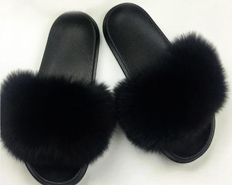 READY to SHIP, size 9 Black Real Fox Fur Slippers Women Girl Beach Large Finnish Fox Fur Sandals Summer Slides Fashion Fluffy Shoes Flops