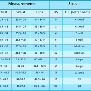 May include: A chart showing women's clothing sizes in US sizes and letter sizes. The chart shows measurements for chest, waist, and hips in inches, and corresponding US sizes and letter sizes.