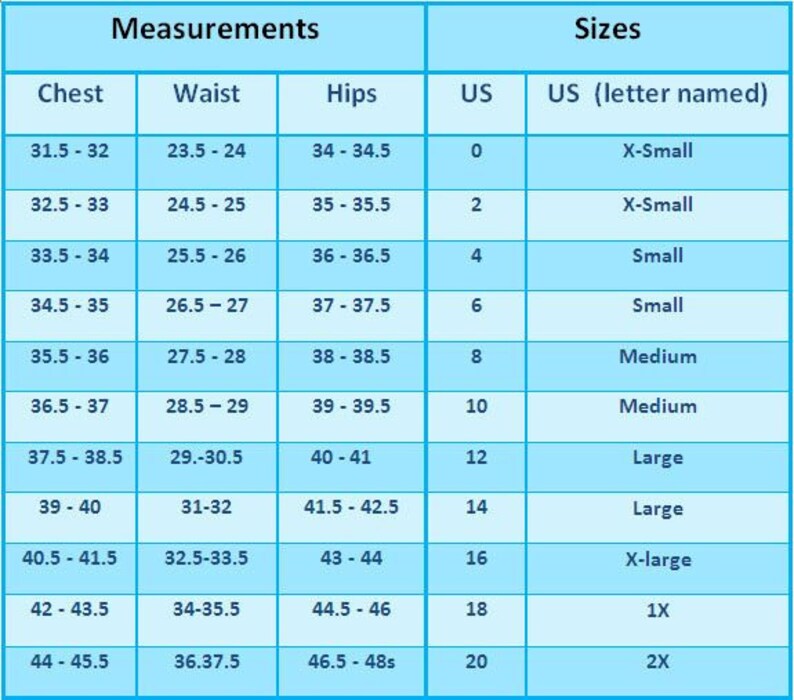 May include: A chart showing women's clothing sizes in US sizes and letter sizes. The chart shows measurements for chest, waist, and hips in inches, and corresponding US sizes and letter sizes.