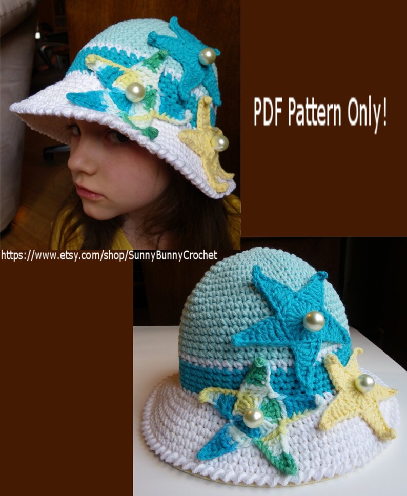 May include: Crochet pattern for a white sun hat with blue and yellow starfish embellishments. PDF pattern only. https://www.etsy.com/shop/SunnyBunnyCrochet
