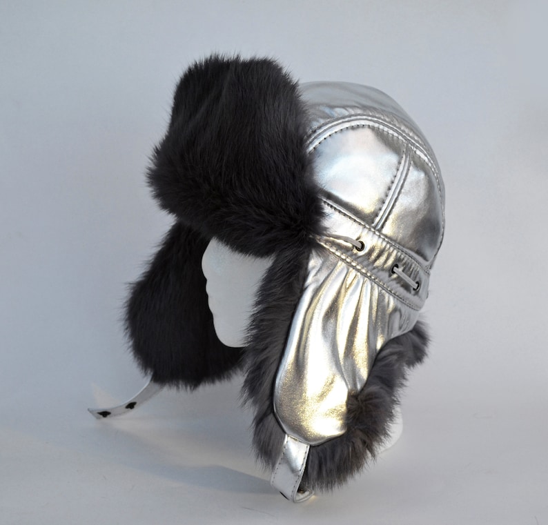 Silver Metallic Hat Rabbit Fur Earflap Fur Hat Fur Hat Russian Hat Ushanka Trapper Hat Gift for Her Aviator Hat WOMEN REAL FUR Hat