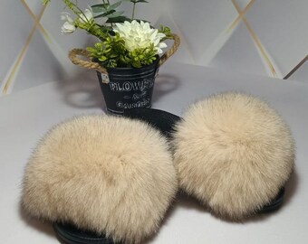 READY to SHIP size 10 Beige Real Fox Fur Slides Women Girl Leather Beach Large Finnish Fox Fur Sandals Summer Slippers Fashion  Flip Flop