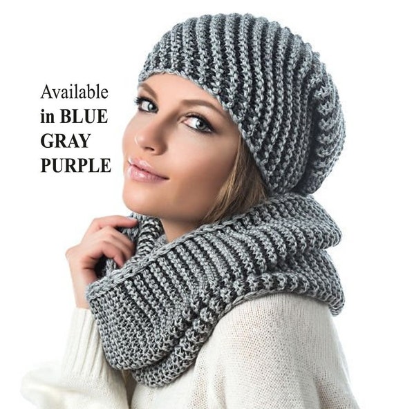 WINTER WOMAN HAT and Infinity Scarf Set, Diagonal Rib Hat, Winter Woman Beanie, Beanie Hat, Winter Accessories, Chunky Hat, Black Woman Hat
