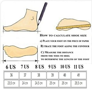 May include: A chart showing how to calculate shoe size in US sizes and centimeters. The chart shows the corresponding US shoe size and centimeter measurement for sizes 6 through 11.