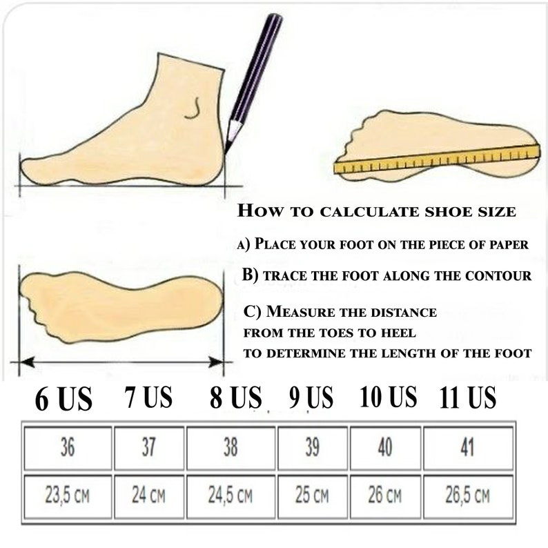May include: A chart showing how to calculate shoe size in US sizes and centimeters. The chart shows the corresponding US shoe size and centimeter measurement for sizes 6 through 11.