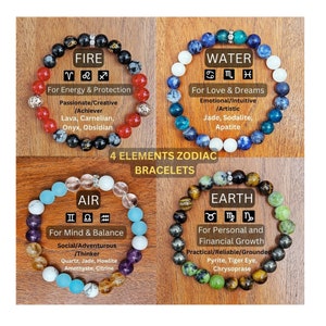 May include: Four bracelets made of natural stones, each representing one of the four elements: fire, water, air, and earth. Each bracelet is labelled with the element, zodiac signs, and a description of the element's meaning. The bracelets are displayed on a wooden background.