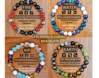 Zodiac Bracelet, Birthstone Bracelets, Four Elements Bracelets, Crystal Gemstone Bracelet, Water Fire Earth Air, Zodiac Jewelry  for Women