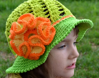 CROCHET SUMMER HAT - Crochet Sun hat, Girls Hat, Children, Large Flower, Cotton Beach Sun Hat, Brim, Baby, Crochet pattern, Green, Orange