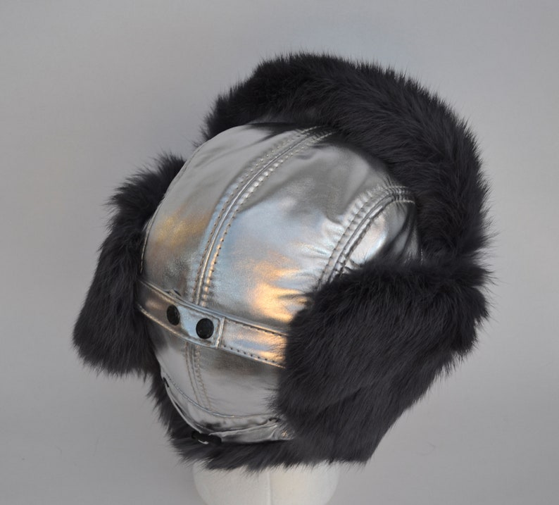 Silver Metallic Hat Rabbit Fur Earflap Fur Hat Fur Hat Russian Hat Ushanka Trapper Hat Gift for Her Aviator Hat WOMEN REAL FUR Hat