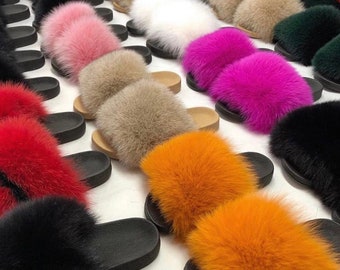 BY ORDER Real Fox Fur Slides Women Girl Beach Large Finnish Fox Fur Sandals Summer Slippers Fashion Fluffy Shoes Flip Flops