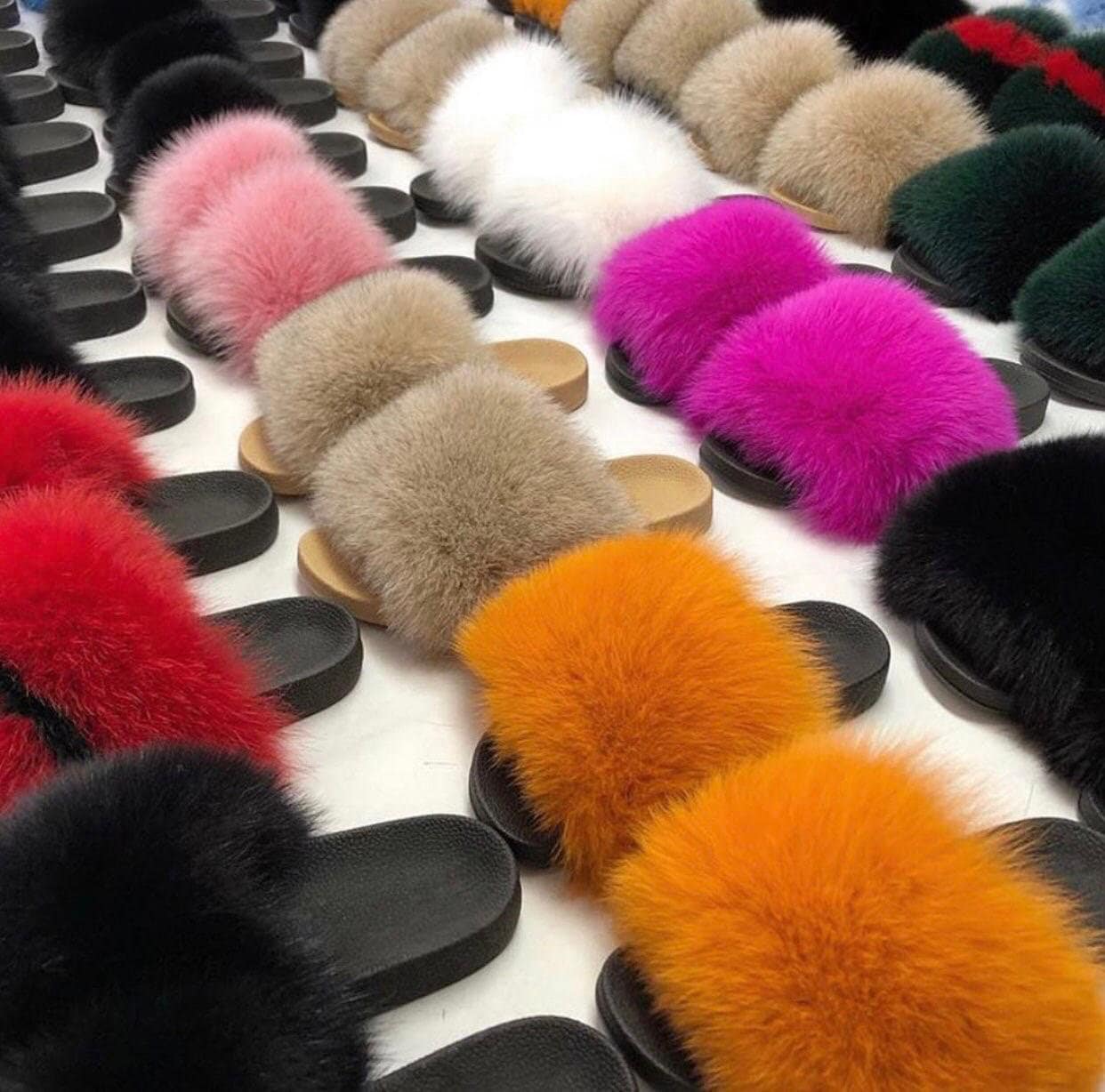 Pink Fox Fur Slides Fluffy Slides Rubber Fur Sandals Real 