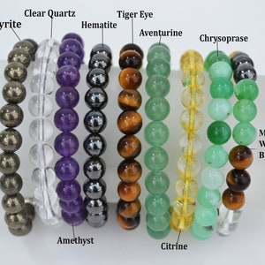 Money, Luck, Wealth bracelets.  Green Aventurine, Pyrite, Citrine, Hematite, Chrysoprase, Tiger Eye,  Clear Quartz and Amethyst crystal stone bracelets
