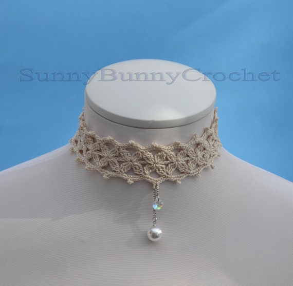 Collana Girocollo Boho In Pizzo Bianco Con Perle E Fiore – Vintage – Gioiello Donna In Lega E Strass