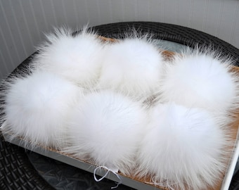 READY to SHIP 7" White Raccoon Fur Pom Pom, Large Fur Pom Poms, Giant Pom Pom for Chunky Hat Beanie Tuque Winter Knit Hat Fluffy Fur Ball