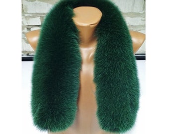 BY ORDER (not Tail) XL Extra Large Real Fox Fur Trim Hood, Green Fur collar trim, Fox Fur Collar, Fur Scarf, Fur Ruff, Fox Fur Hood, Jacket