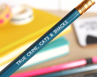 True crime, cats & snacks embossed pencil