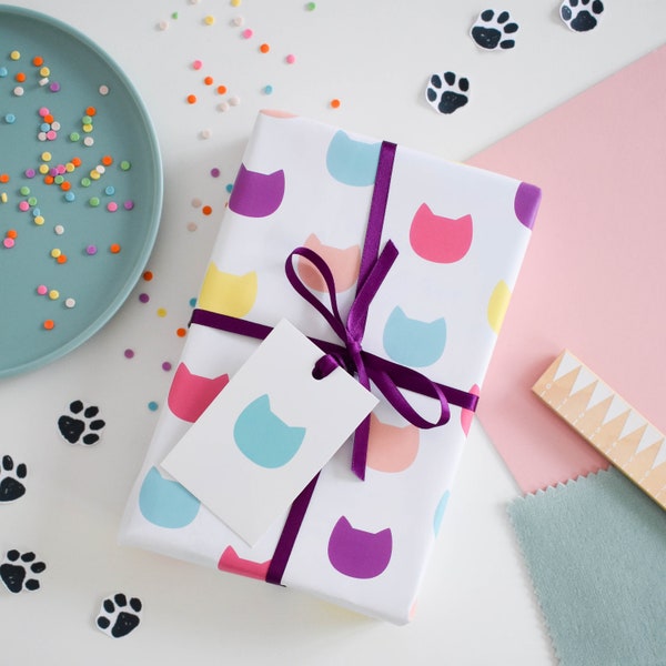 Colourful cat wrapping paper sheet, Cat gift wrap sheet and gift tag