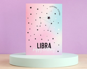 Libra birthday card, Zodiac cards, Star sign constellation card, Silver foil finish