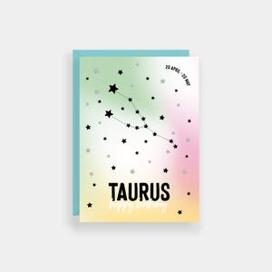 Taurus birthday card, Zodiac cards, Star sign constellation card, Silver foil finish