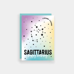Carte d'anniversaire Sagittaire, cartes du zodiaque, carte d'anniversaire signe astrologique constellation, finition feuille d'argent