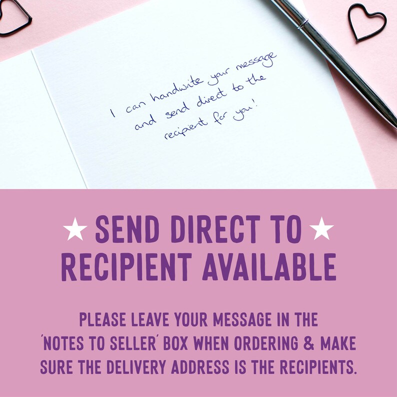 May include: A pink and white card with the text "I can handwrite your message and send direct to the recipient for you!"  The card also has the text "★ SEND DIRECT TO RECIPIENT AVAILABLE ★ PLEASE LEAVE YOUR MESSAGE IN THE 'NOTES TO SELLER' BOX WHEN ORDERING & MAKE SURE THE DELIVERY ADDRESS IS THE RECIPIENTS."