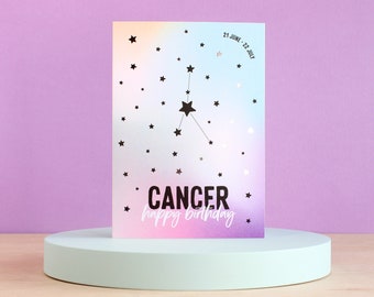 Cancer birthday card, Zodiac cards, Star sign constellation card, Silver foil finish