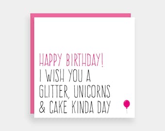 Puede incluir: Una tarjeta de cumpleaños rosa con el texto "Happy Birthday! I wish you a glitter, unicorns & cake kinda day." y una ilustración de un globo rosa.