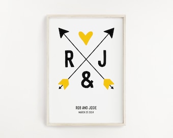 Personalised wedding gift for couple, Custom print with initials and date