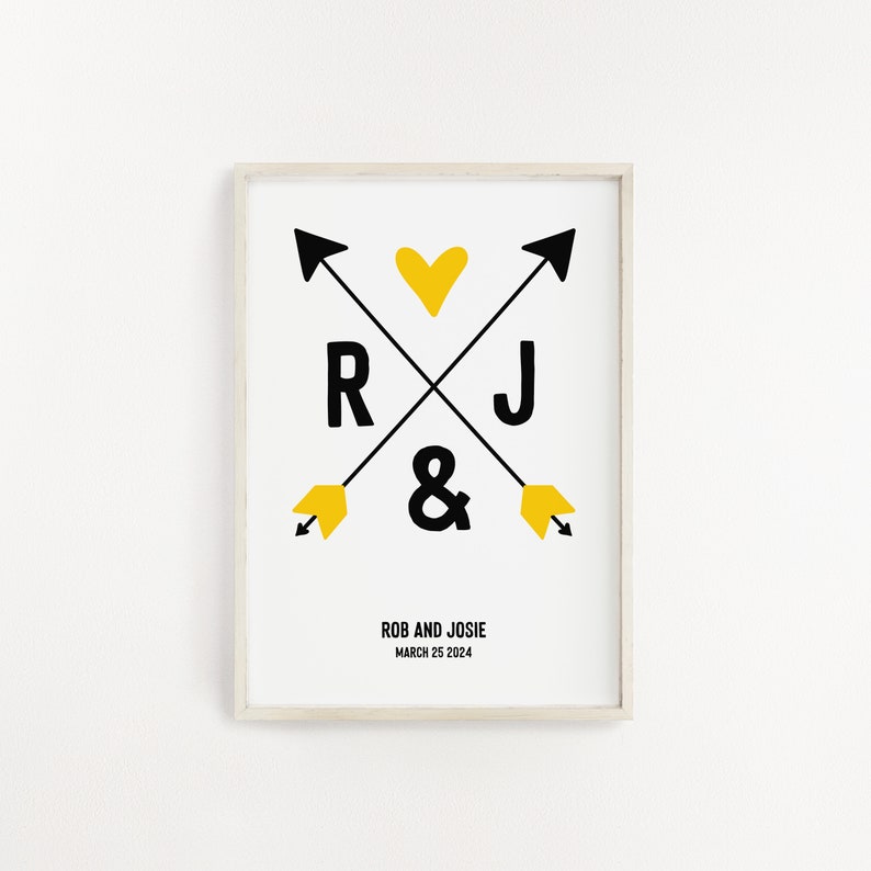 Personalised wedding gift for couple, Custom print with initials and date image 1