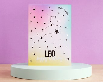 Leo birthday card, Zodiac cards, Star sign constellation card, Silver foil finish