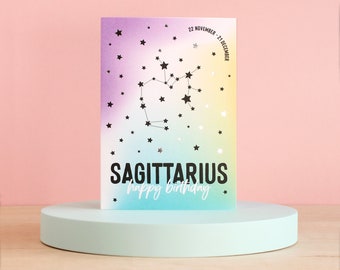 Sagittarius birthday card, Zodiac cards, Star sign constellation birthday card, Silver foil finish