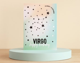 Virgo birthday card, Zodiac cards, Star sign constellation card, Silver foil finish