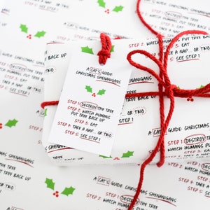 May include: A red and white gift wrapped with red twine and a tag that reads "A Cat's Guide: Christmas Shenanigans". The tag lists steps for a cat to "destroy the tree", "watch humans put tree back up", "eat", "take a nap", and "see step 1".