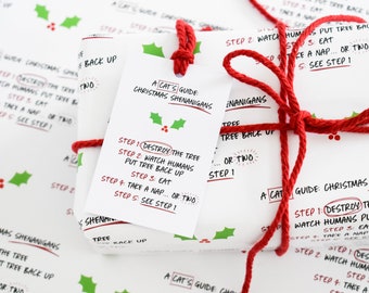 Funny cat Christmas wrapping paper sheet and gift tag
