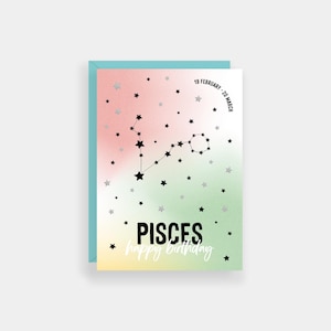 Carte d'anniversaire poisson, cartes du zodiaque, carte d'anniversaire signe astrologique, finition feuille d'argent