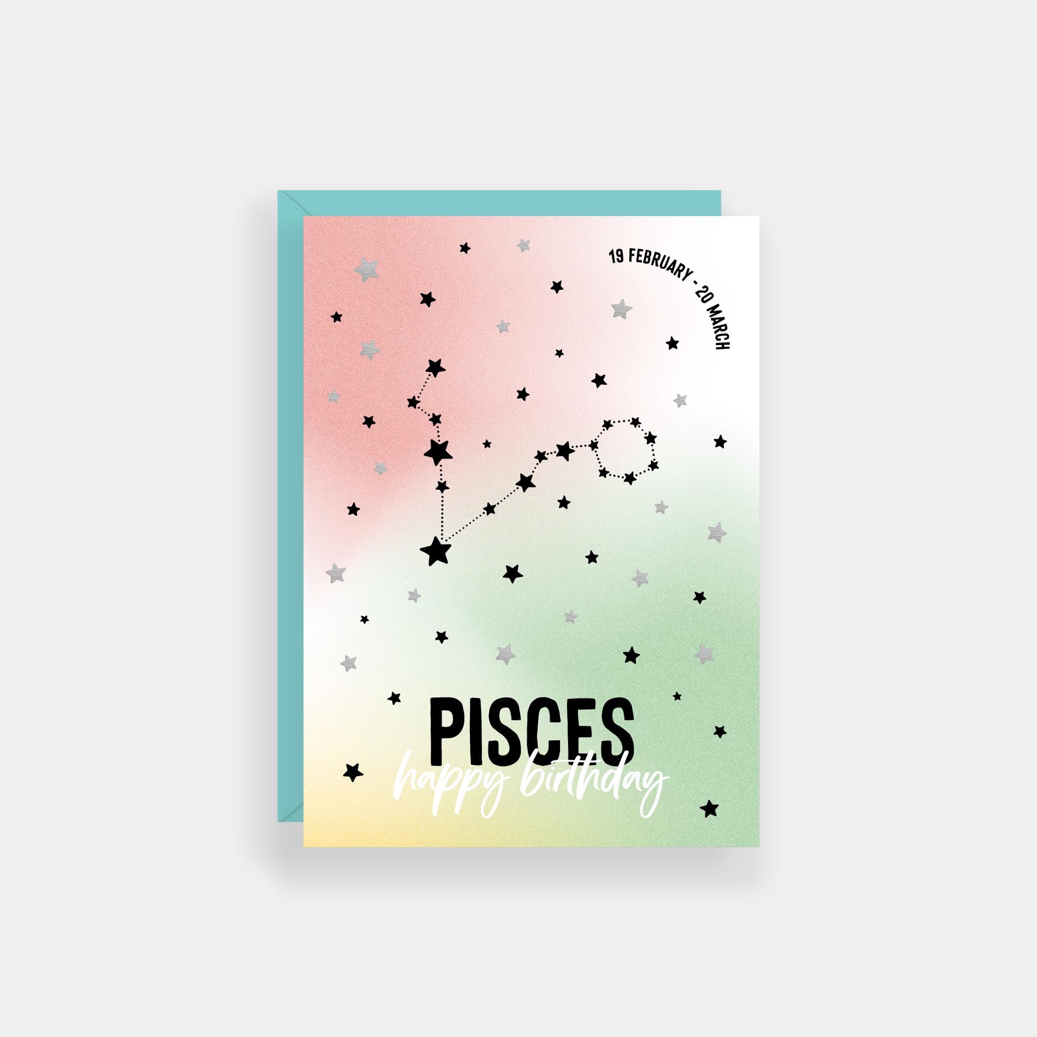 Pisces birthday card, Zodiac cards, Star sign birthday card, Silver foil finish