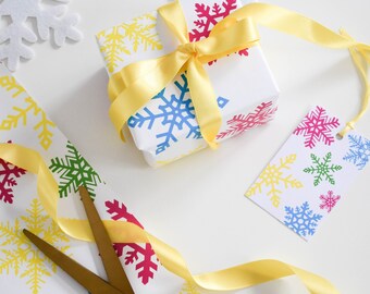 Colourful snowflake Christmas wrapping paper sheet and gift tag