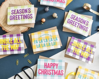 Colourful gingham Christmas card pack of 8 Christmas cards