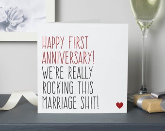 Funny first wedding anniversary card for husband or wife, 1 year anniversary gift, We're really rocking this marriage s**t