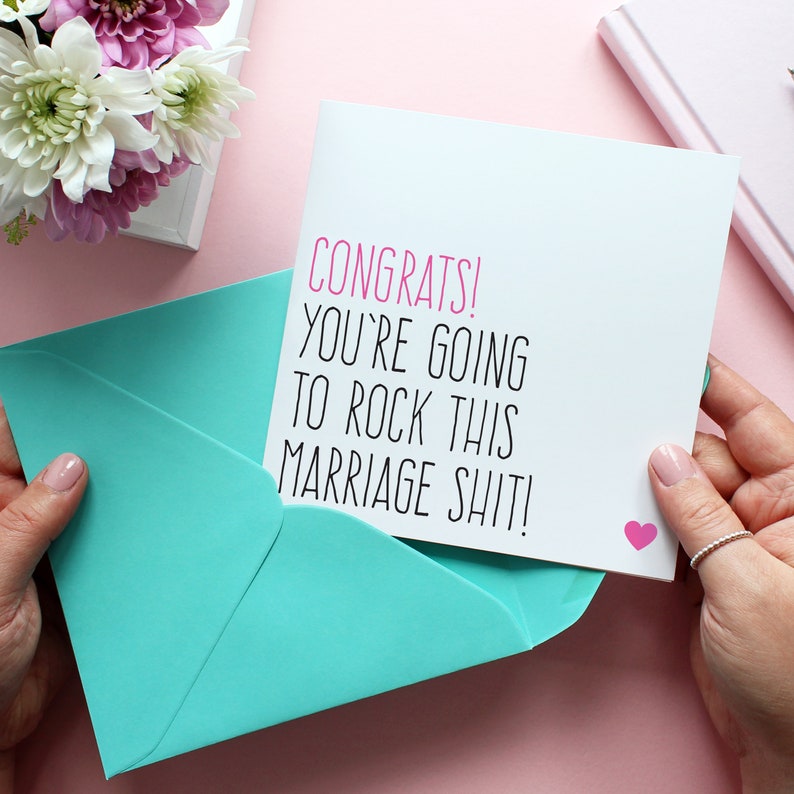 Funny wedding card for newlyweds or engagement card for best friend, Rock this marriage shit image 2