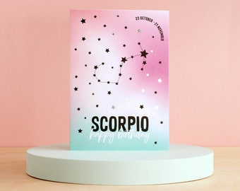 Scorpio birthday card, Zodiac card, Star sign constellation birthday card, Silver foil finish