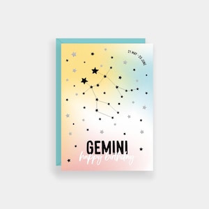 Gemini birthday card, Zodiac cards, Star sign constellation card, Silver foil finish